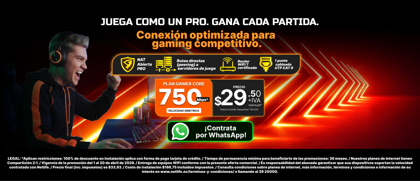 Promoción de internet Netlife con plan de 850 Mbps a $17.70 + IVA mensual, con 40% de descuento por 9 facturas. instalación gratuita con pago mediante tarjeta de crédito, y soporte continuo. Válido hasta el 28 de febrero de 2026. Precio final con impuestos incluidos: $20.36 mensual. Condiciones aplican, consultar términos en el sitio web