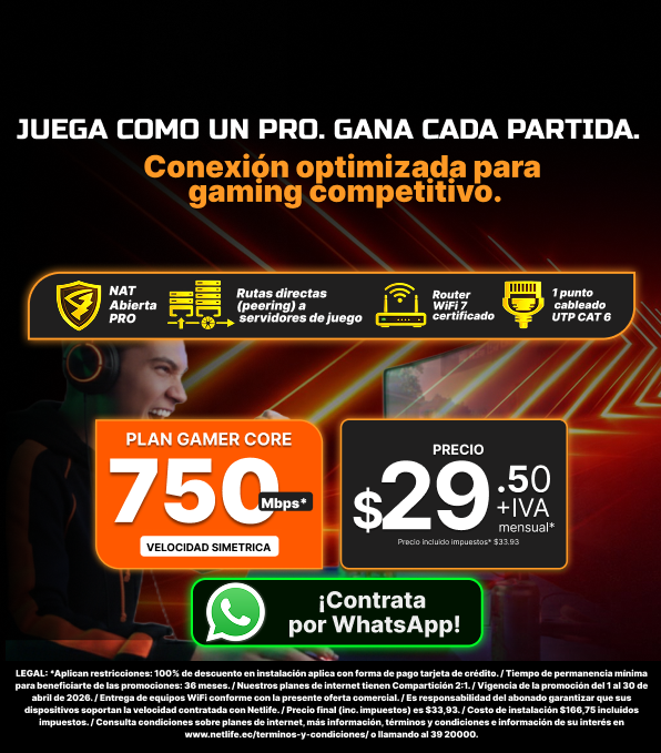 Promoción de internet Netlife con plan de 850 Mbps a $17.70 + IVA mensual, con 40% de descuento por 9 facturas. instalación gratuita con pago mediante tarjeta de crédito, y soporte continuo. Válido hasta el 28 de febrero de 2026. Precio final con impuestos incluidos: $20.36 mensual. Condiciones aplican, consultar términos en el sitio web
